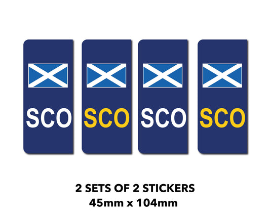 4 x Scotland Flag  White / Yellow Sco Car Number Plate  Self Adhesive Stickers 4 x 45mm x 104mm